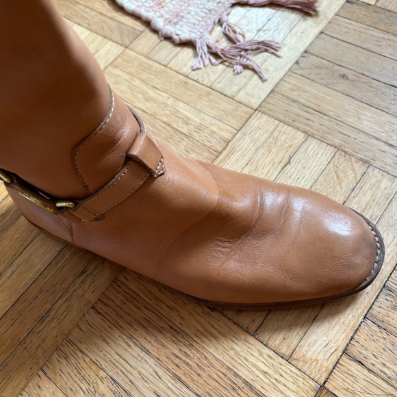 COACH Mysie Tan soft LEATHER Tall Riding Boots Zippers Cross Straps 7.5 - Picture 3 of 6